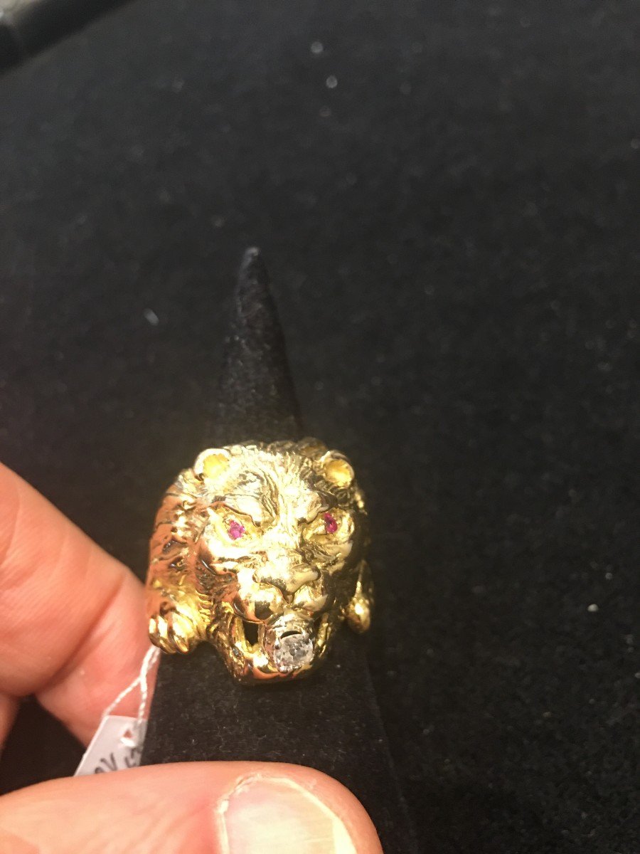 Gold Lion Diamond Ruby Ring