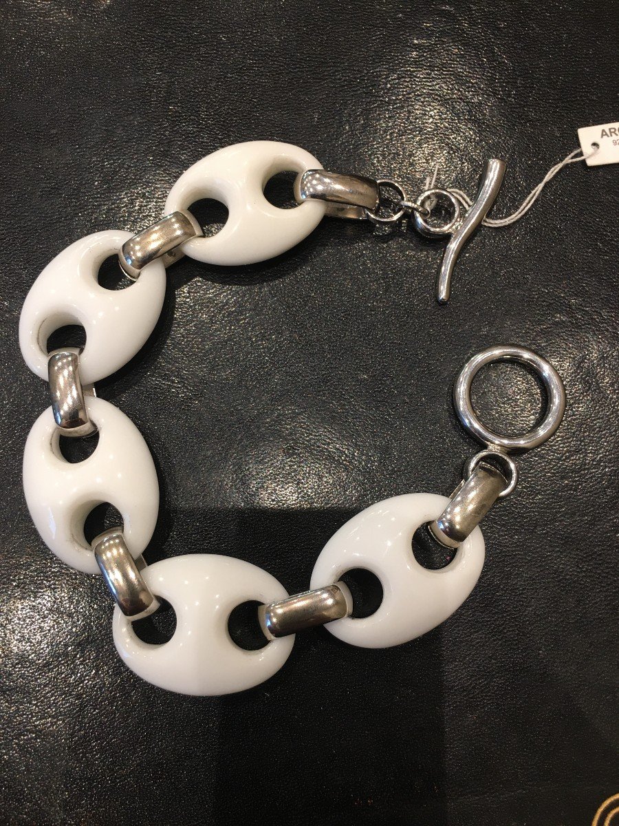 Bracelet In Solid Silver And White Agate 57.60 Grs-photo-2