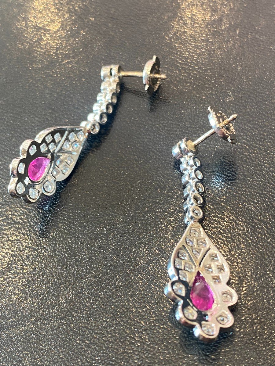 Pair Of “palmettes” Earrings In White Gold, Pear-cut Ruby And Diamonds-photo-3