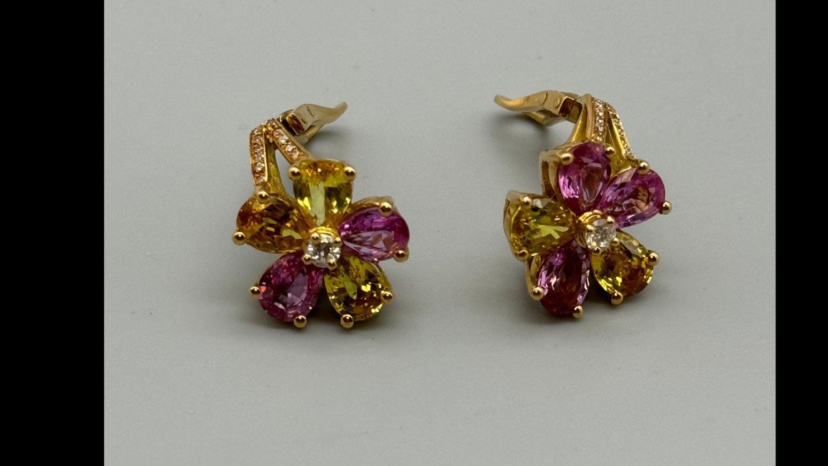 Elen Larcebeau Paire De Boucles d'Oreilles En Or,  Saphirs Roses Et Jaunes Et Diamants-photo-2