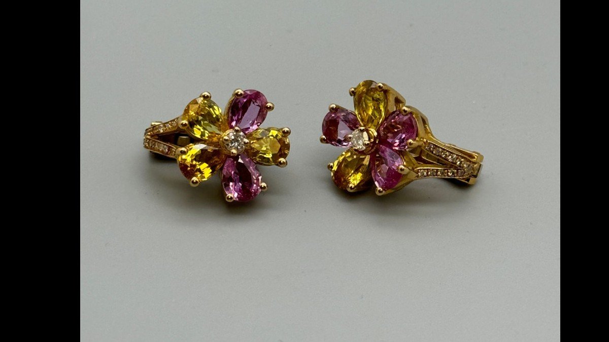 Elen Larcebeau Paire De Boucles d'Oreilles En Or,  Saphirs Roses Et Jaunes Et Diamants-photo-3