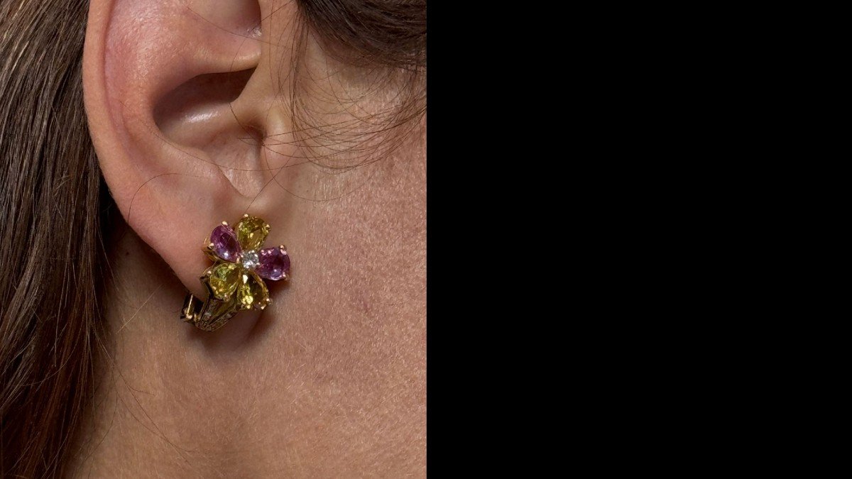 Elen Larcebeau Paire De Boucles d'Oreilles En Or,  Saphirs Roses Et Jaunes Et Diamants-photo-4