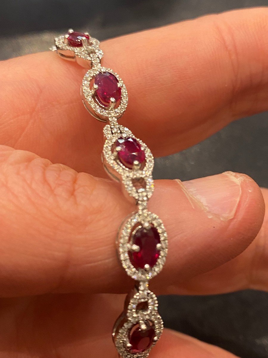 White Gold Line Bracelet Decorated With Thirteen Rubies And Diamonds-photo-3