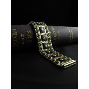 Large Bracelet Articulé Or Emeraudes Diamants Onyx