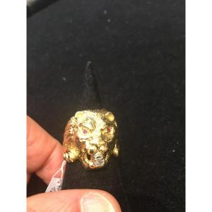 Bague Or Lion Diamant Rubis