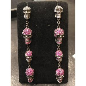 Pair Of "skull" Earrings In Gold, Ruby And Black Diamonds