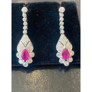 Pair Of “palmettes” Earrings In White Gold, Pear-cut Ruby And Diamonds