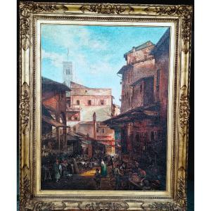 Frank Holt Warwick 1843/1928 Florence Vue Du Vieux Marché Avec Le Clocher De Giotto Et La Colon