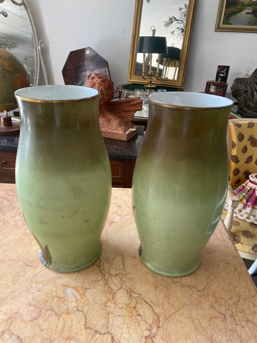 Pair Of 1900 Opaline Vases With Iris 38 Ht  -photo-4