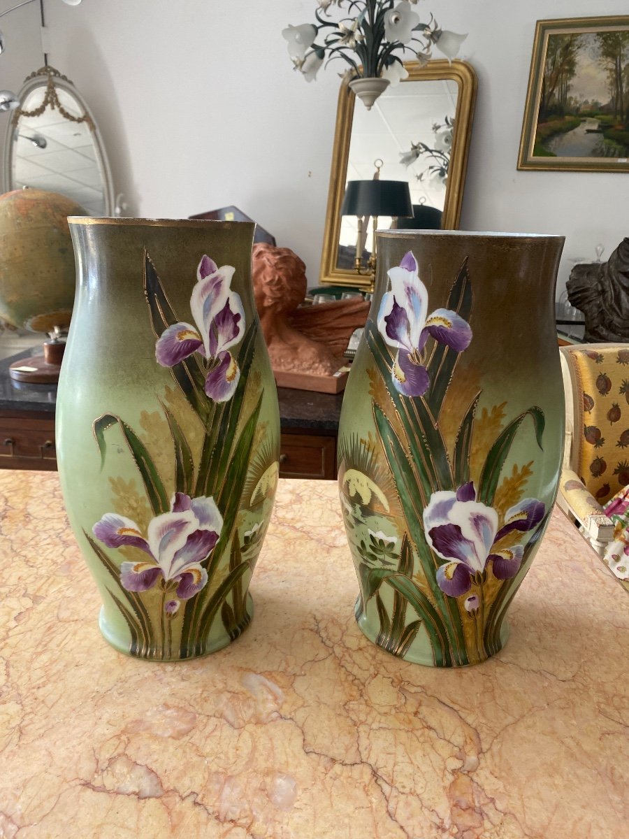 Pair Of 1900 Opaline Vases With Iris 38 Ht  
