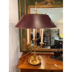 Mid-20th Century Brass Three-Arm Bouillotte Lamp With Red Tole Shade at  1stDibs