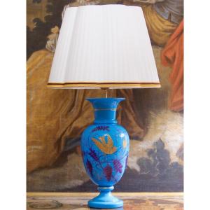 Large Blue Opaline Vase Richly Decorated Mounted In Lamp, 19th Century