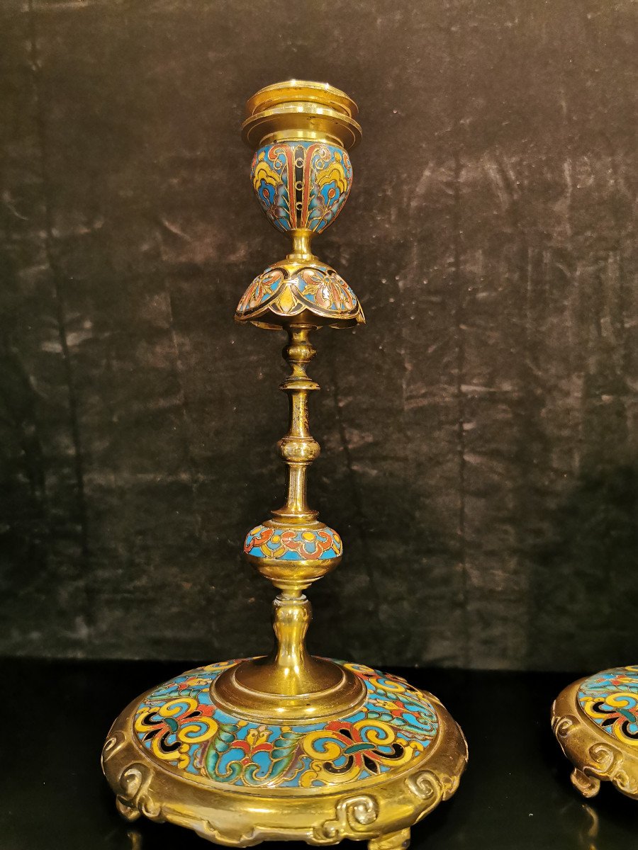 Pair Of Candlesticks In Bronze And Enamel By Ferdinand Barbedienne (1810-1892)-photo-2