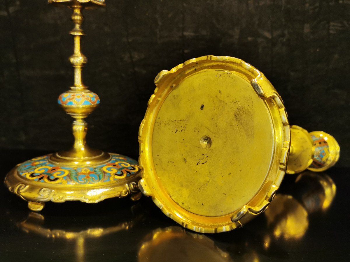 Pair Of Candlesticks In Bronze And Enamel By Ferdinand Barbedienne (1810-1892)-photo-4