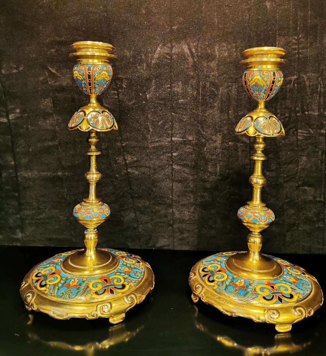 Pair Of Candlesticks In Bronze And Enamel By Ferdinand Barbedienne (1810-1892)