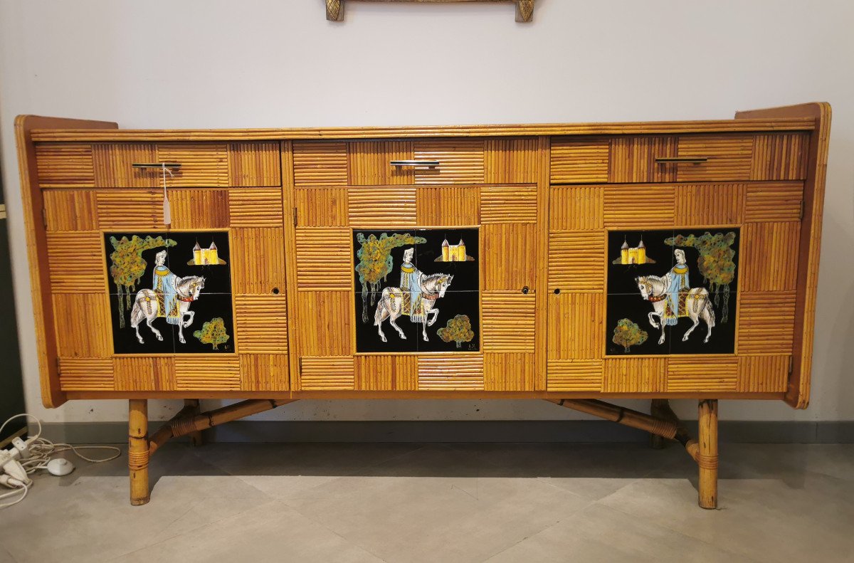 Sideboard In Rattan, Wood And Earthenware By Audoux Et Minet, 1950-photo-2