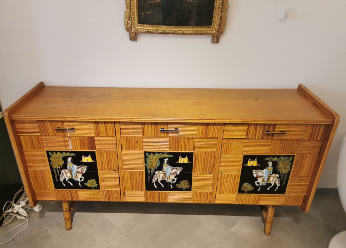 Sideboard In Rattan, Wood And Earthenware By Audoux Et Minet, 1950-photo-3