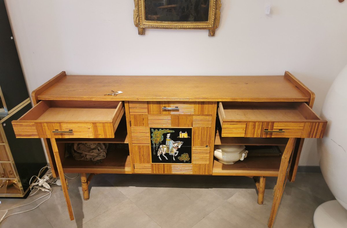 Sideboard In Rattan, Wood And Earthenware By Audoux Et Minet, 1950-photo-1