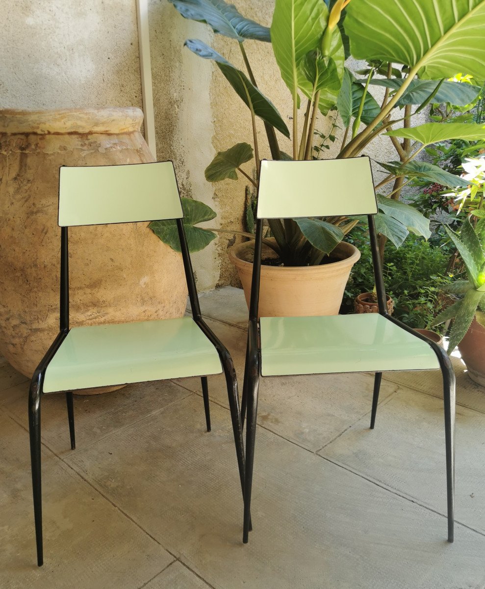 Enameled Sheet Metal Chairs From The 60s.