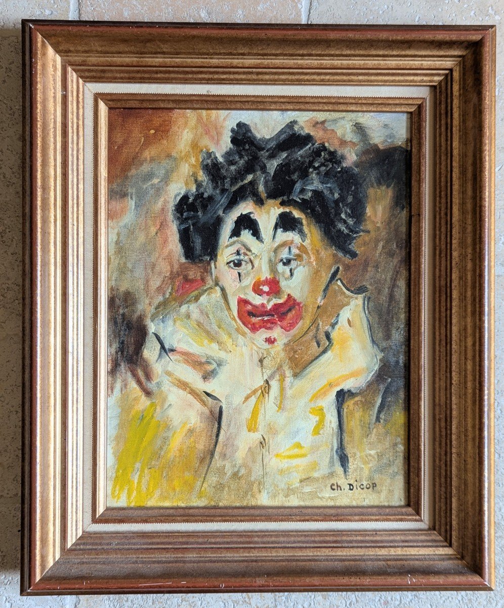 Oil On Canvas Framed Clown Portrait -photo-2