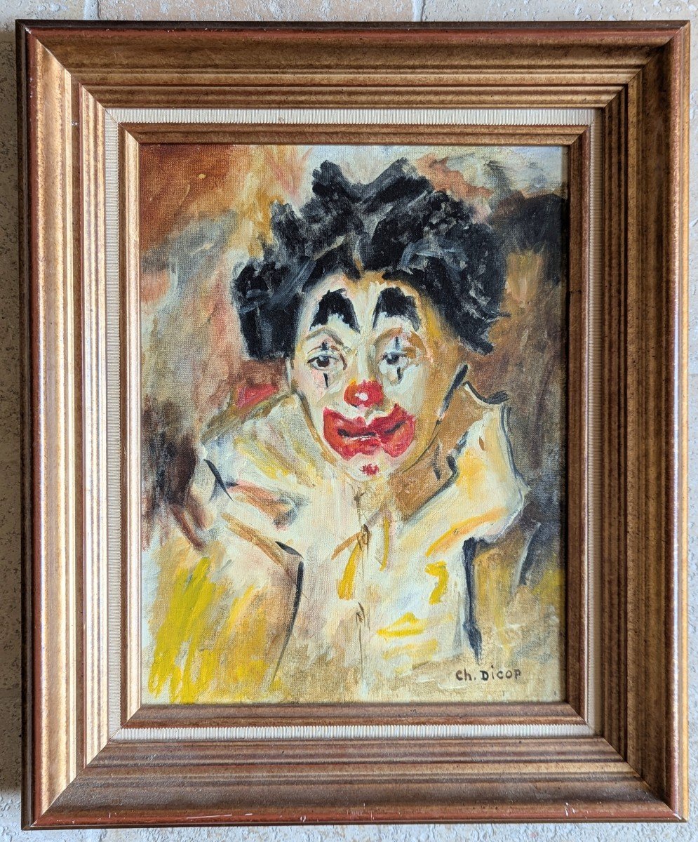 Oil On Canvas Framed Clown Portrait -photo-3