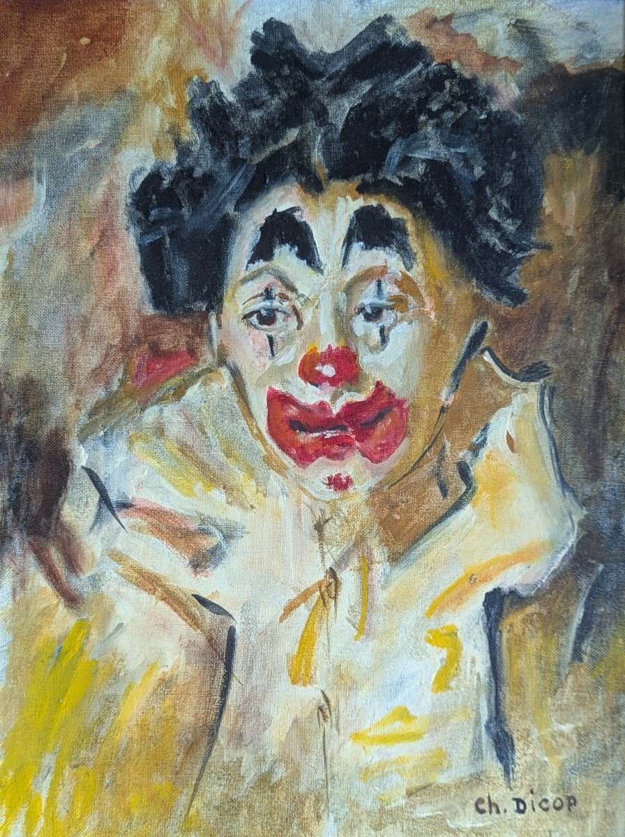 Oil On Canvas Framed Clown Portrait -photo-7