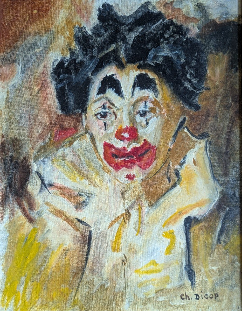 Oil On Canvas Framed Clown Portrait -photo-8