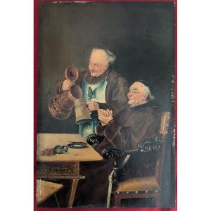 Oil On Panel Beer Drinking Monks 