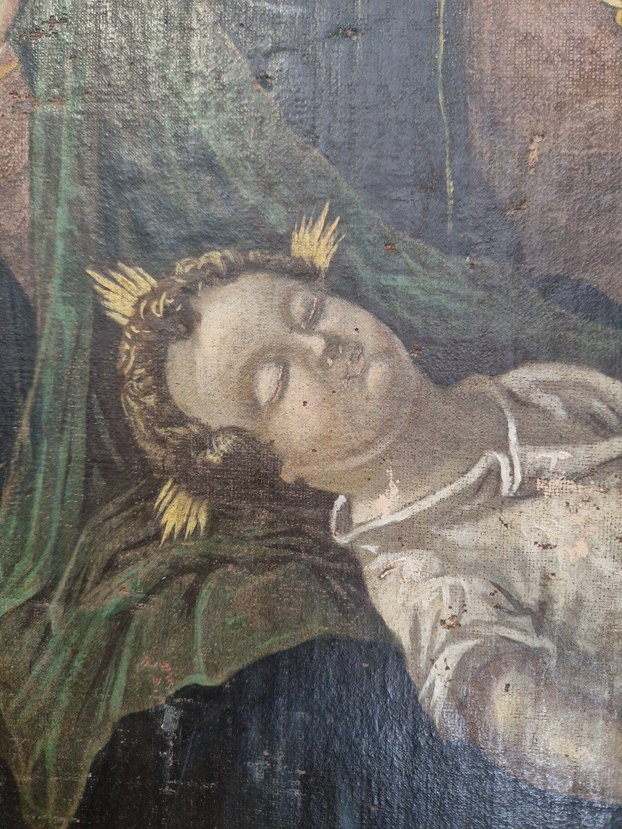 Peinture à l'Huile Sur Toile Vierge à l'Enfant De La Fin Du XVIIIe Siècle-photo-3