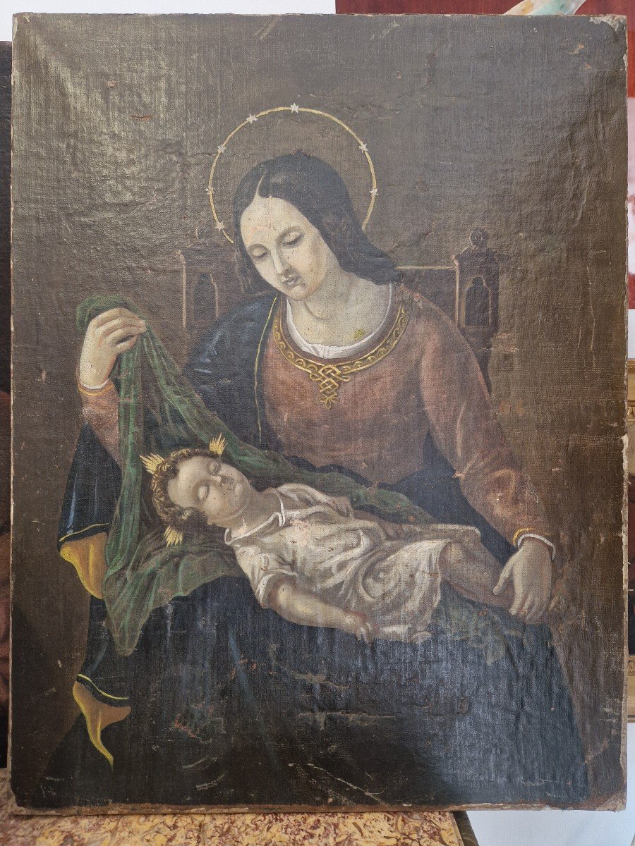 Peinture à l'Huile Sur Toile Vierge à l'Enfant De La Fin Du XVIIIe Siècle