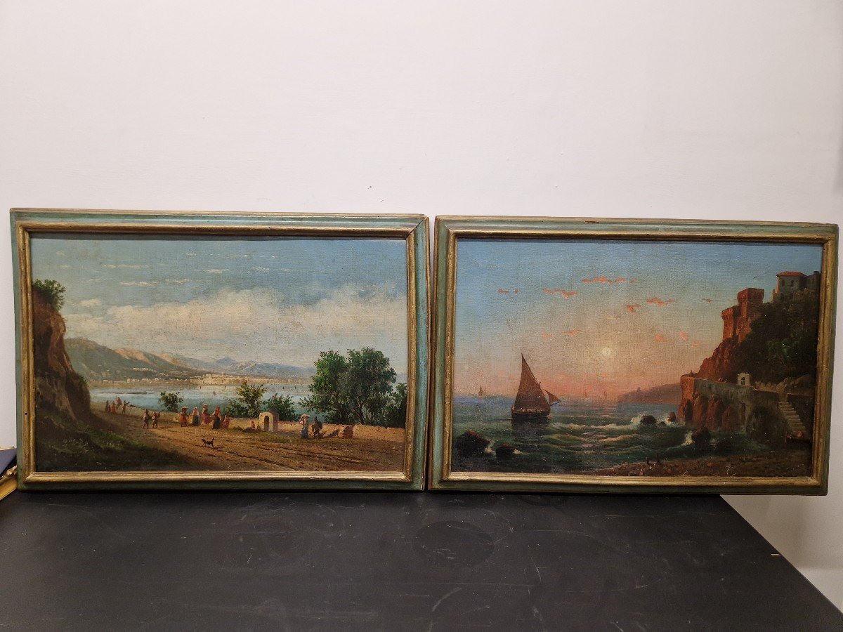 Beautiful Pair Of 19th Century Neapolitan Paintings, Posillipo School 