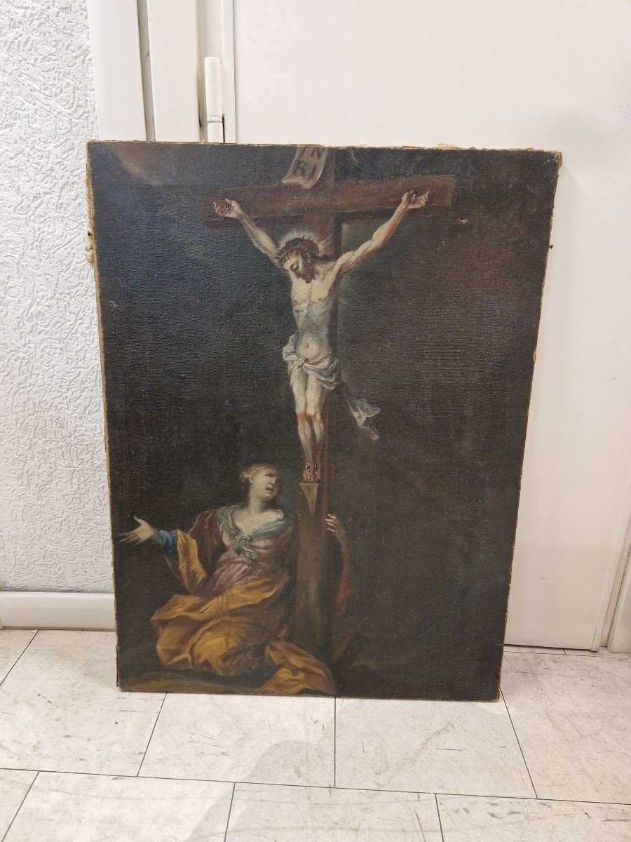 Oil Painting On Canvas Crucifixion. To Be Restored. Flemish Creed From The 17th Century 