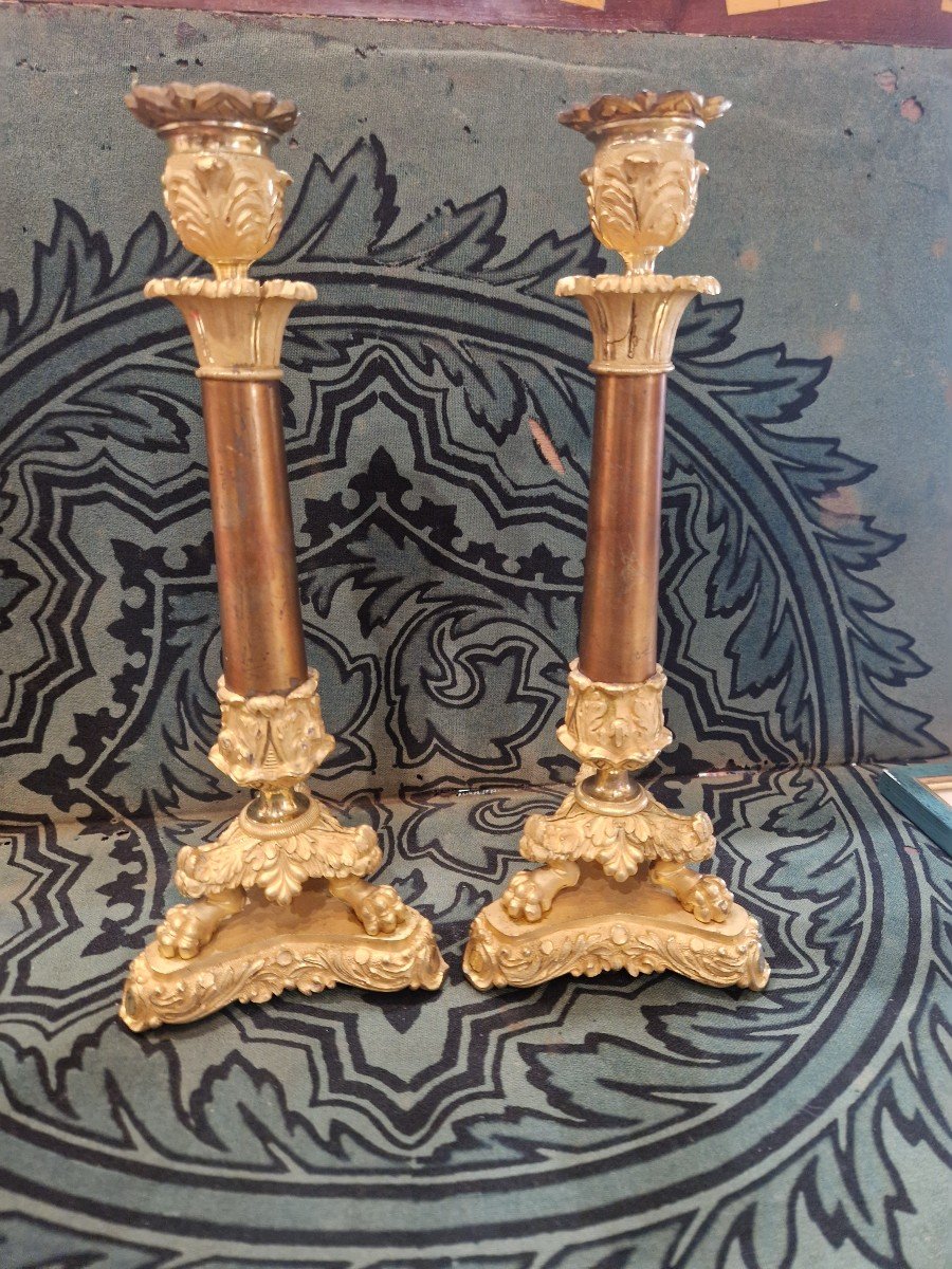 Pair Of Candlesticks In Gilded Mercury Bronze, Height 30 Cm, Charles X Period-photo-3