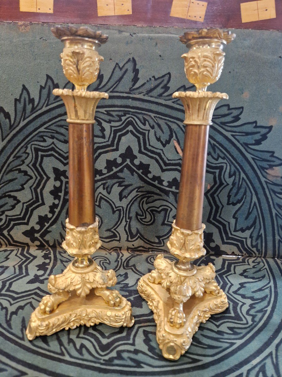 Pair Of Candlesticks In Gilded Mercury Bronze, Height 30 Cm, Charles X Period