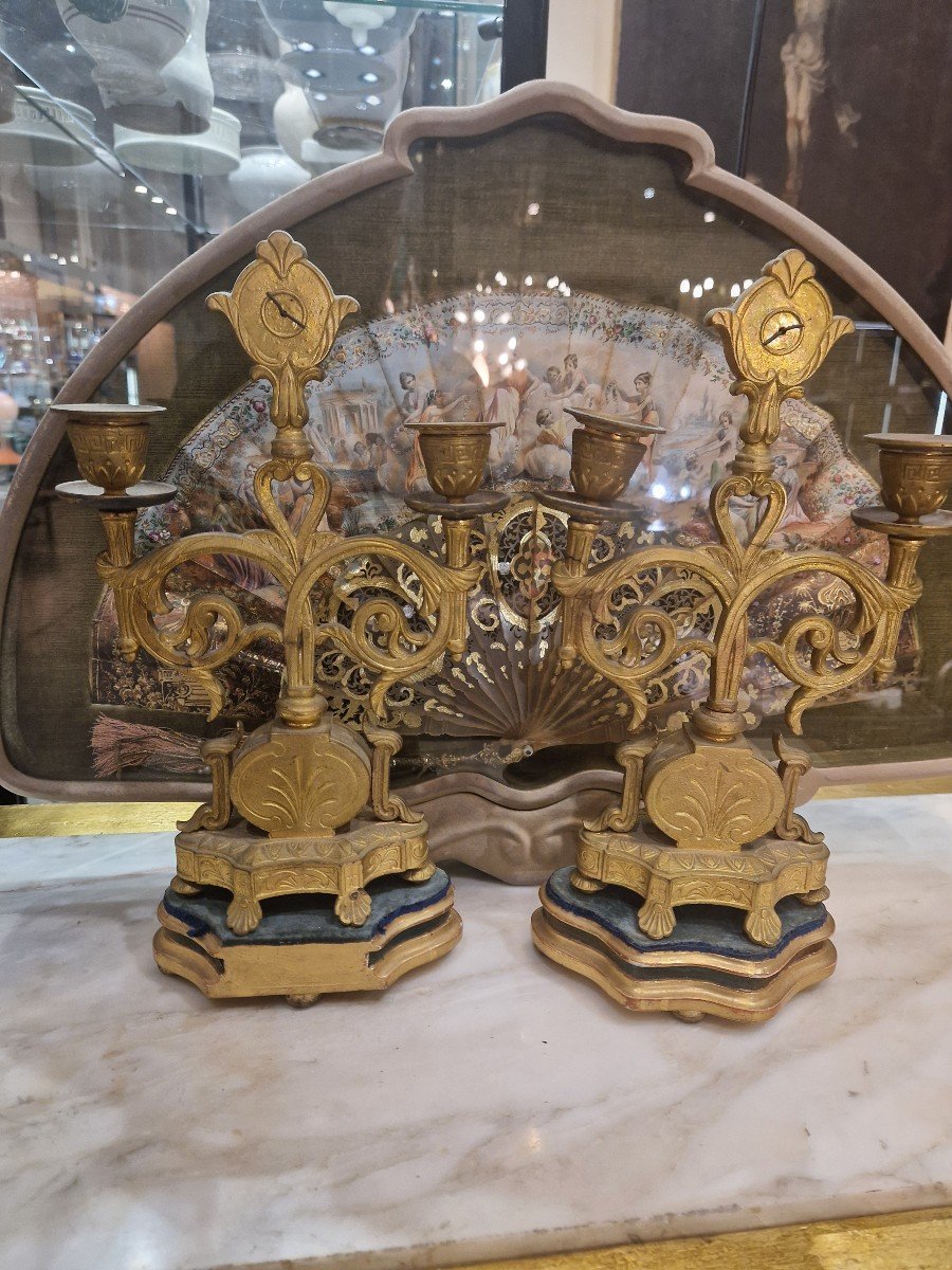 Pair Of Gilded Bronze Candelabra With 19th Century Vienna Enamel Plaques -photo-3