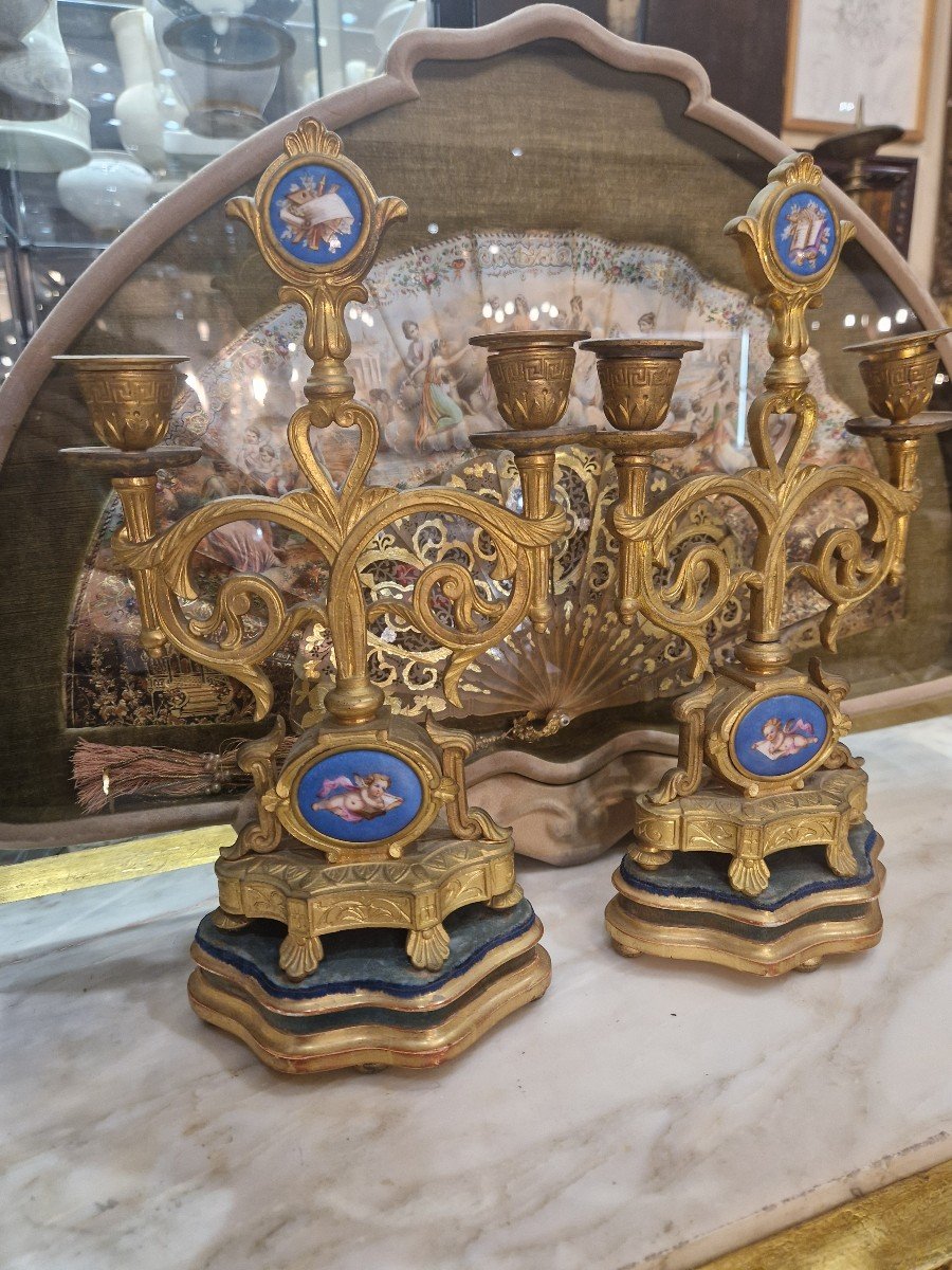 Pair Of Gilded Bronze Candelabra With 19th Century Vienna Enamel Plaques 