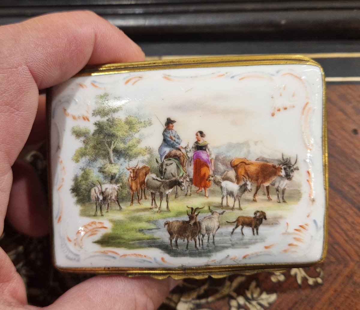 Porcelain Box Painted With 18th Century Bucolic Scenes 