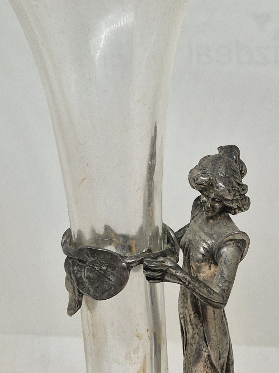 Beautiful Jugendstil Vase In Silvered Pewter And Crystal From Germany, 19th Century-photo-1