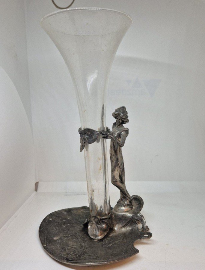 Beautiful Jugendstil Vase In Silvered Pewter And Crystal From Germany, 19th Century