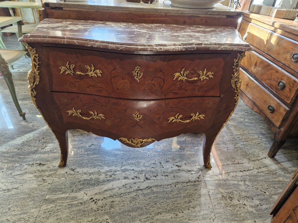 Beautiful French Napoleon III Chest Of Drawers Inlaid And With 19th Century Marble Top 