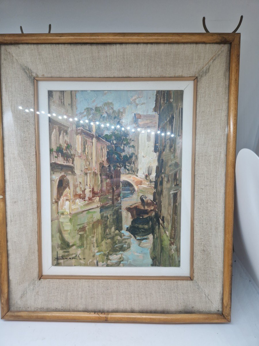 Oil On Panel Depicting Venice Signed Angelo Brombo 