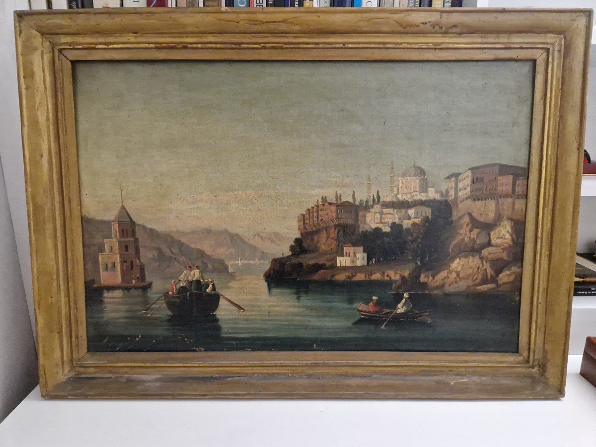 Oil Painting On Canvas Depicting A View Of The Bosphorus With Constantinople