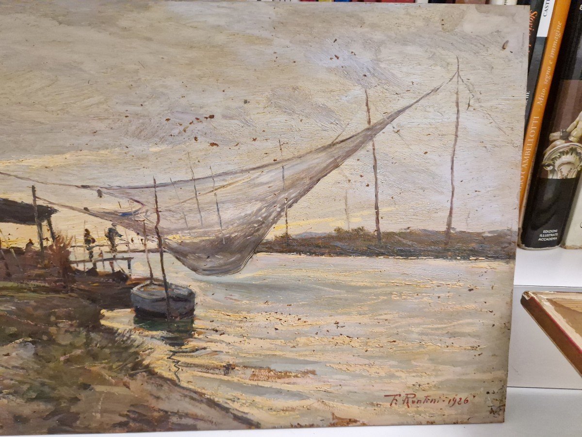 Oil On Panel Depicting "river Bend With Fishermen" Signed Ferruccio Rontini -photo-3