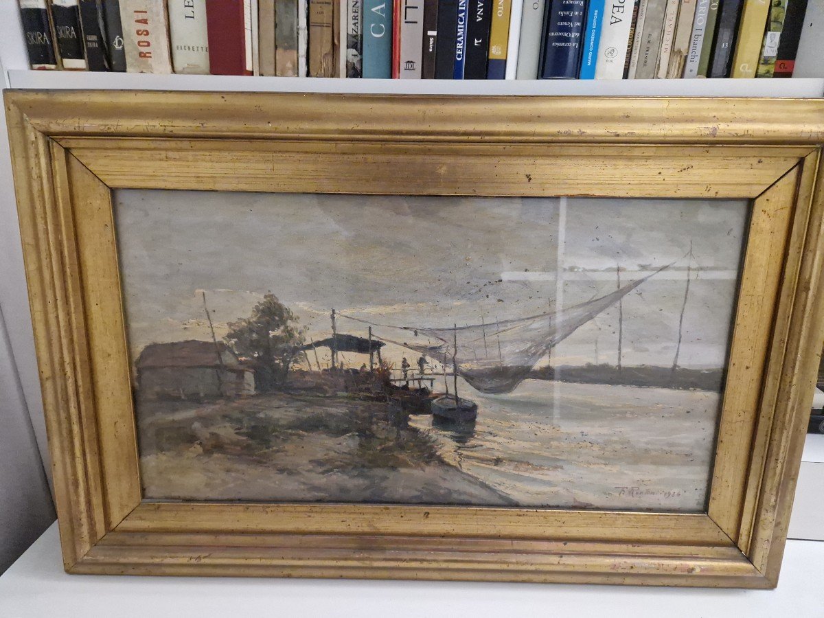 Oil On Panel Depicting "river Bend With Fishermen" Signed Ferruccio Rontini -photo-1