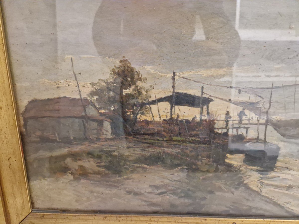 Oil On Panel Depicting "river Bend With Fishermen" Signed Ferruccio Rontini -photo-2