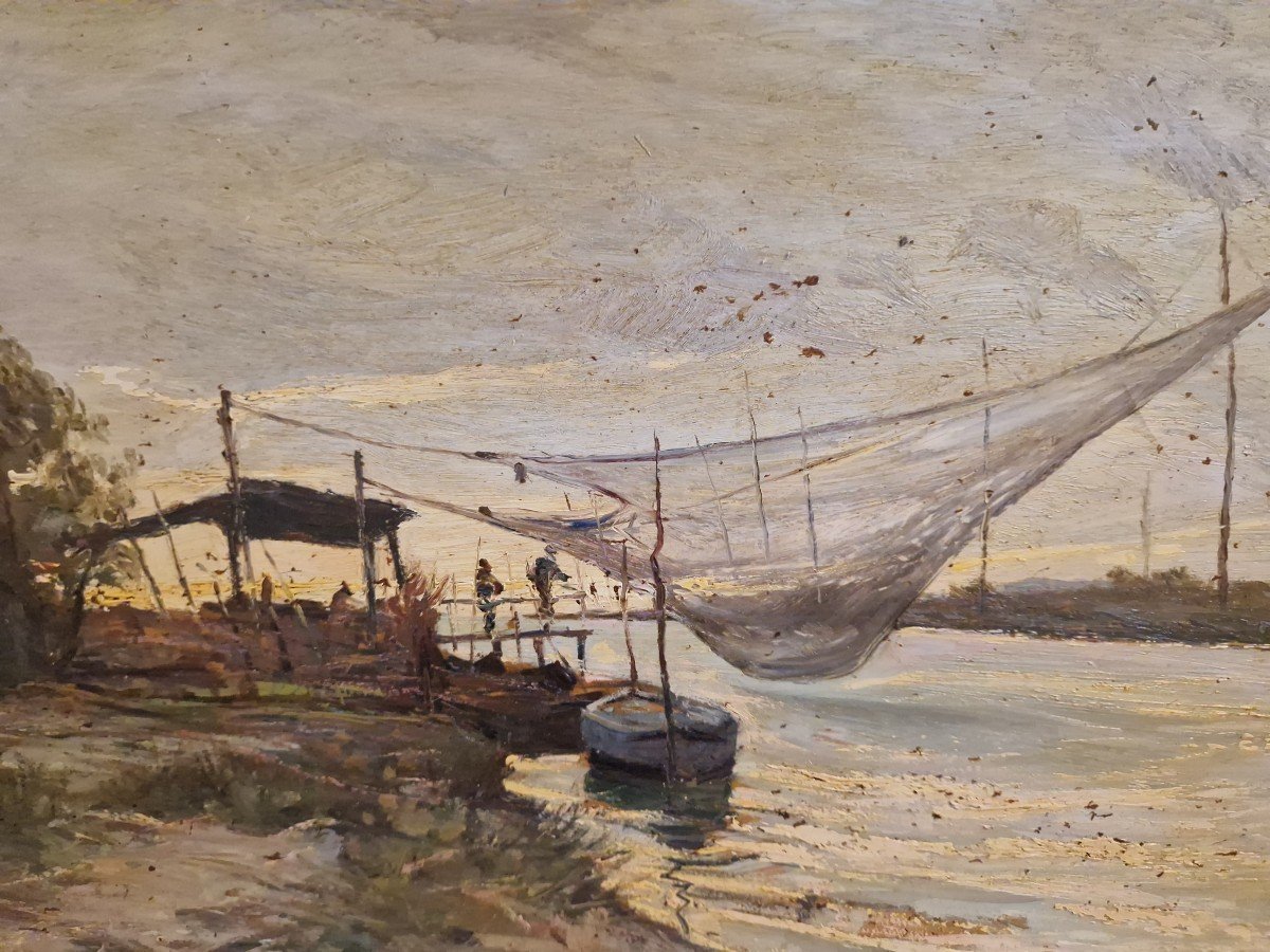 Huile Sur Panneau Représentant "courbe De Rivière Avec Pêcheurs" Signée Ferruccio Rontini-photo-6