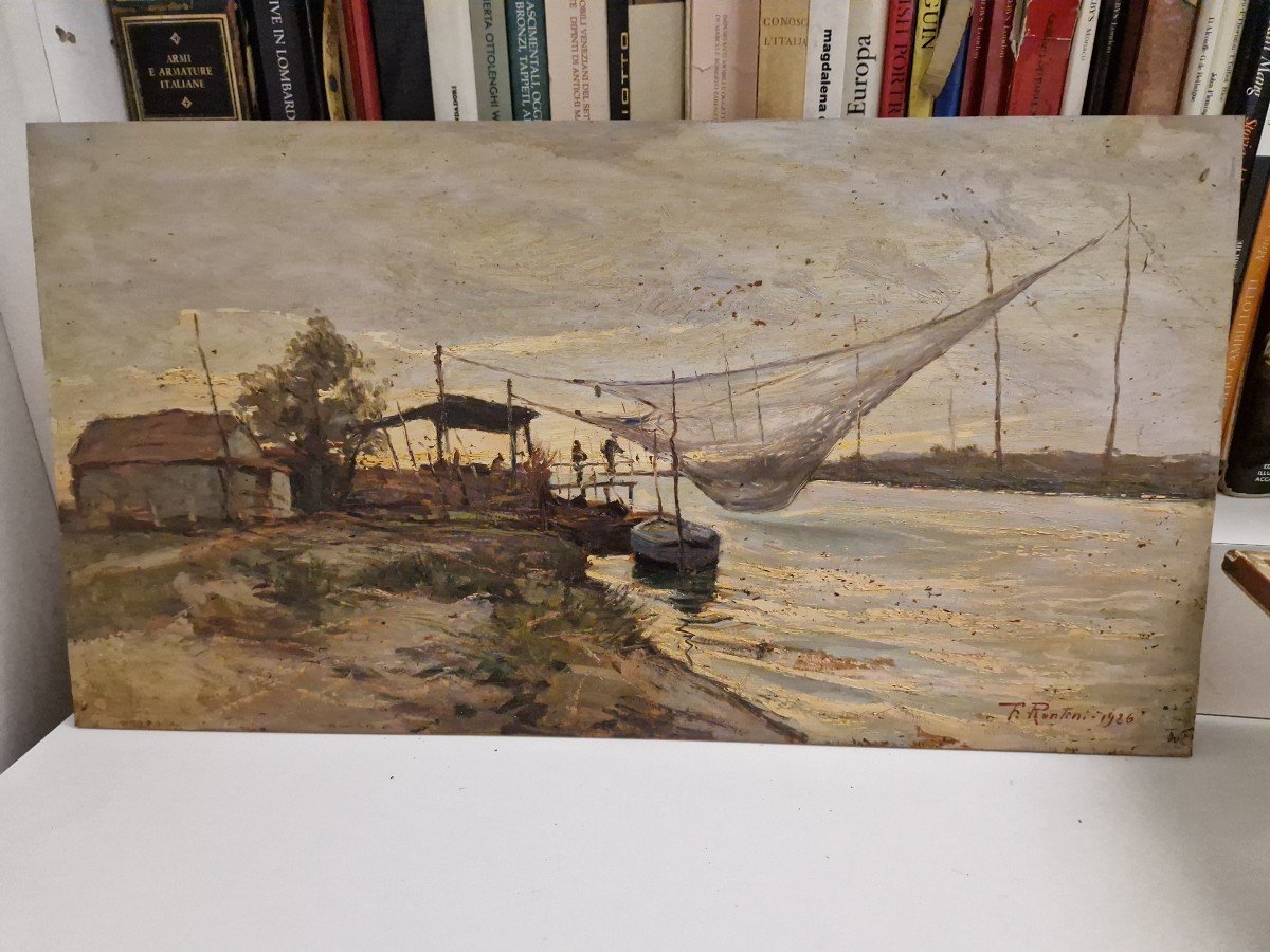 Oil On Panel Depicting "river Bend With Fishermen" Signed Ferruccio Rontini 