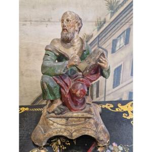  Sculpture En Bois Peint Représentant Un Saint Tenant Un Livre. Italie Du Sud XVIIIe Siècle