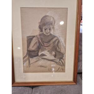  Alessandro Milesi: Pastel Painting On Paper With White Lead "young Woman Sewing"