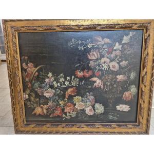 Importante huile sur toile Nature Morte du 17ème siècle avec cadre contemporain